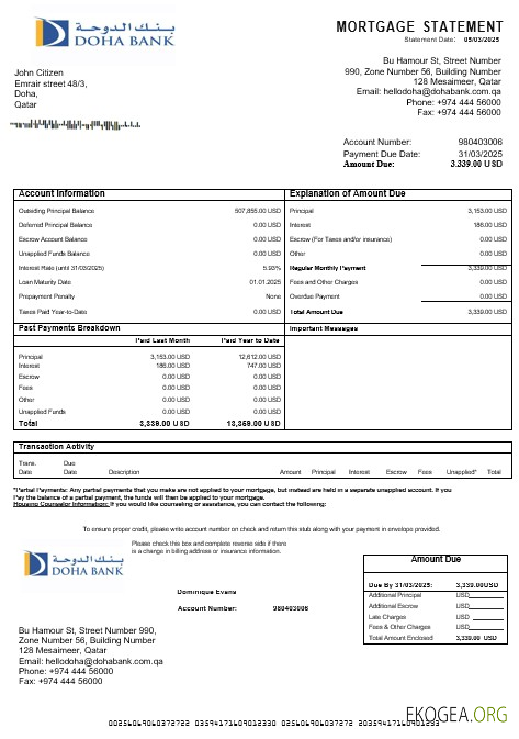 Relevé hypothécaire de la banque Qatar Doha aux formats Word et PDF